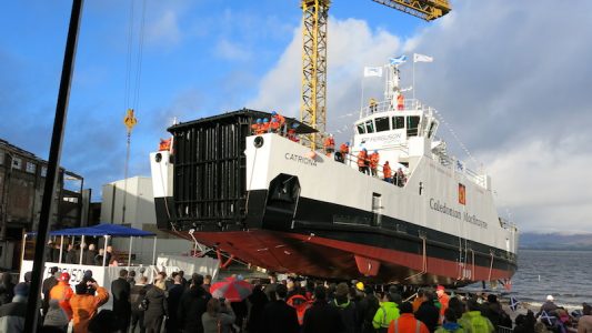 Catriona, the latest ferry to be built on the Clyde, on launch day at Ferguson Marine 11 December 2015