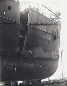 Duchess of Montrose on Lamont's slip at Port Glasgow in late 1941 after collision with Montenol