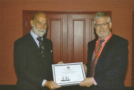 John Megoran (right) being presented with the Transport Trust Lifetime Achievement Award by HRH Prince Michael of Kent on 8 June 2015 (PSPS)