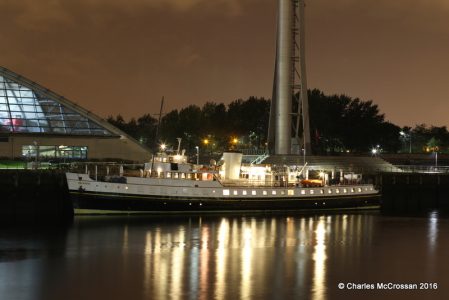 Balmoral arrived at Glasgow's Science Centre at 11pm on 21 September with storm boarding over her forward saloon windows