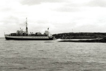 Keppel emerges from between the Eileans on 20 July 1970, with the masts of an ABC ferry visible behind -- copyright photo CRSC/Andrew Clark