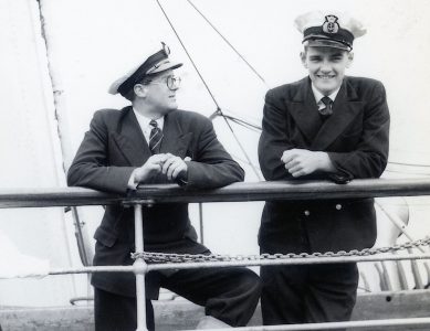 Richard Orr (right) with fellow assistant purser Dick Raines on Marchioness of Graham in 1957