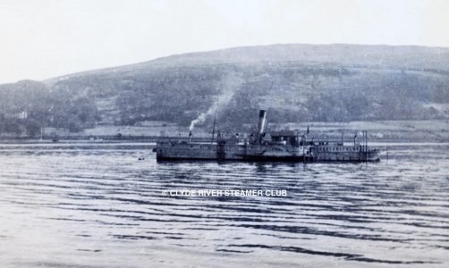 The MacBrayne paddle steamer Pioneer (renamed HMS Harbinger) moored off Fairlie in December 1945. After her role in Fairlie’s ‘secret war’ was concluded, she had her paddles removed in February 1946 at Inglis of Pointhouse, where she had been built in 1905, and was towed to Portland Harbour for use as a floating laboratory